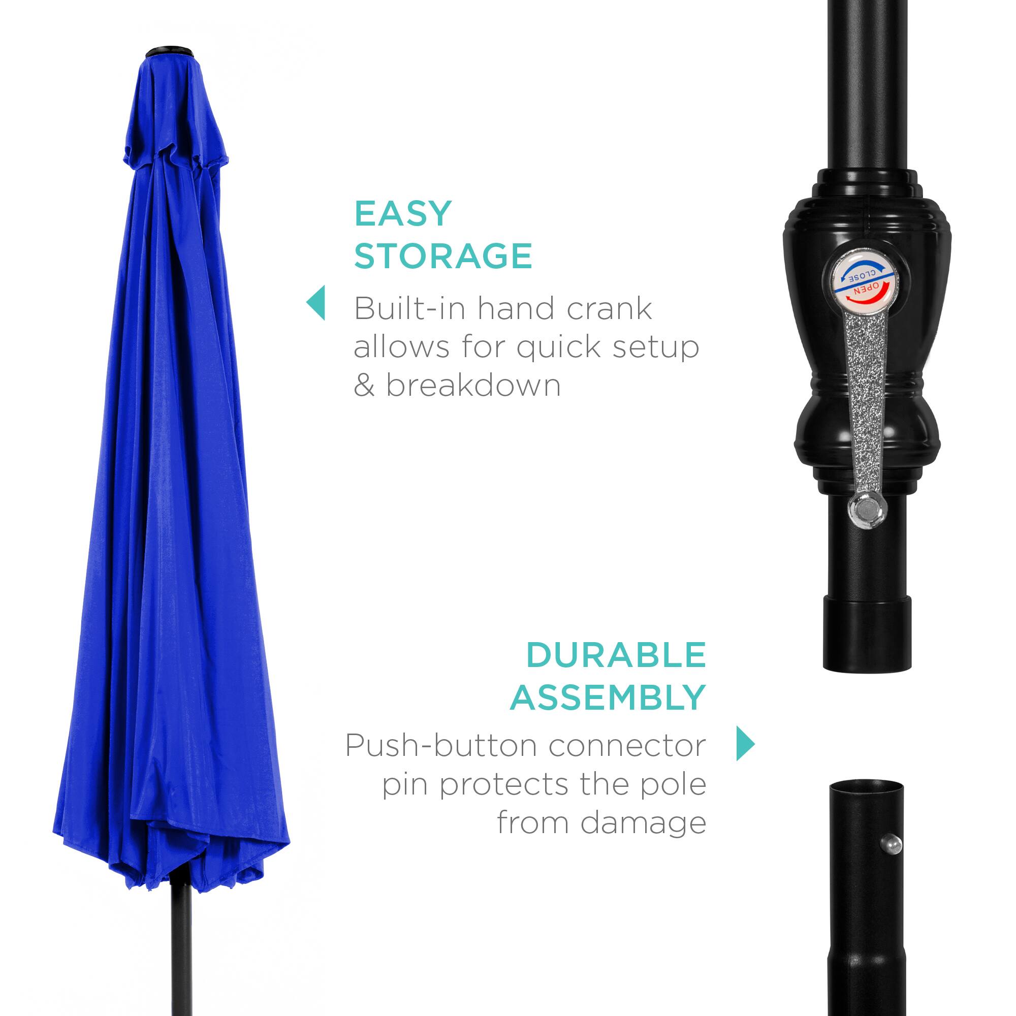 EASY STORAGE  
Built-in hand crank allows for quick setup & breakdown  

DURABLE ASSEMBLY  
Push-button connector pin protects the pole from damage