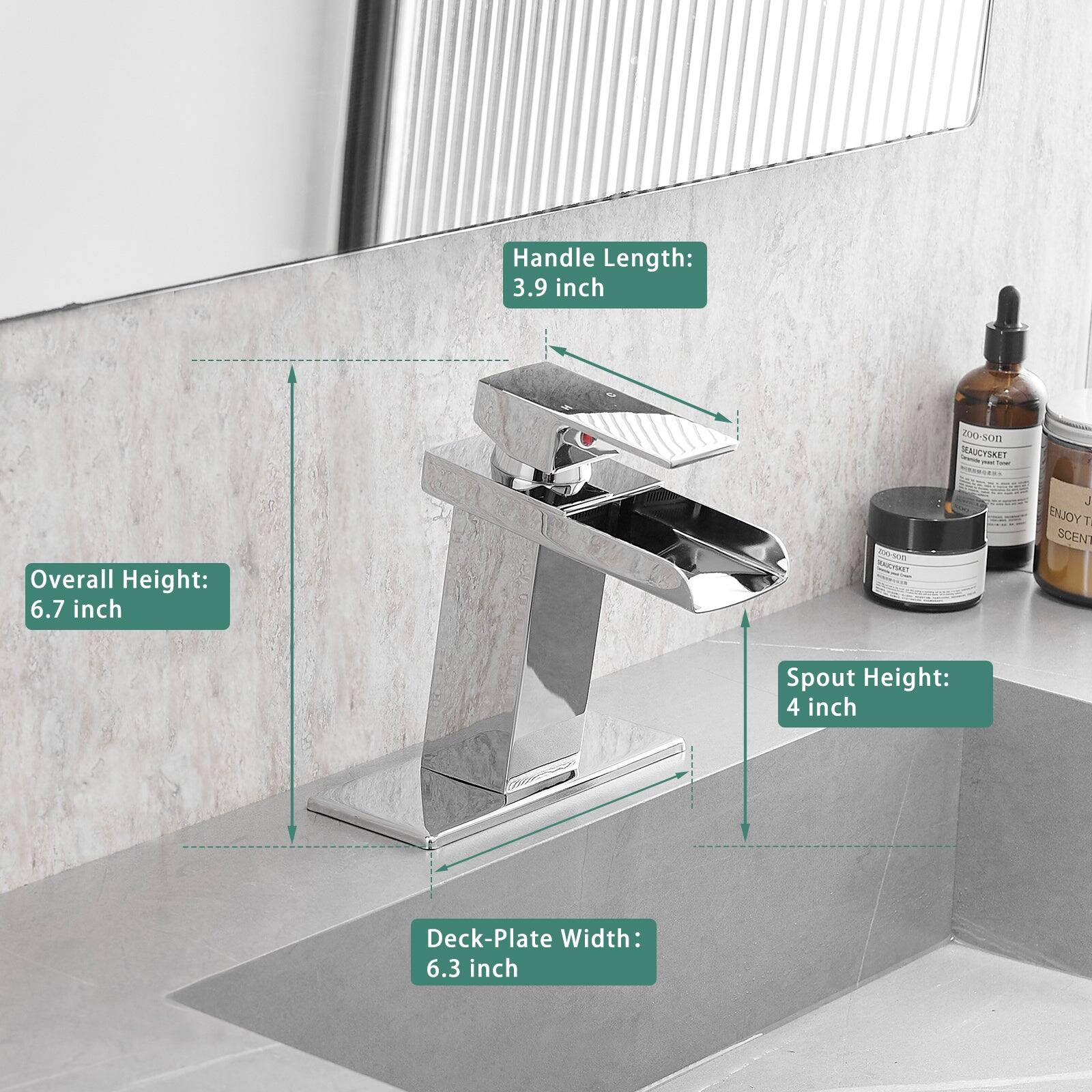 Handle Length: 3.9 inch  
Overall Height: 6.7 inch  
Spout Height: 4 inch  
Deck-Plate Width: 6.3 inch