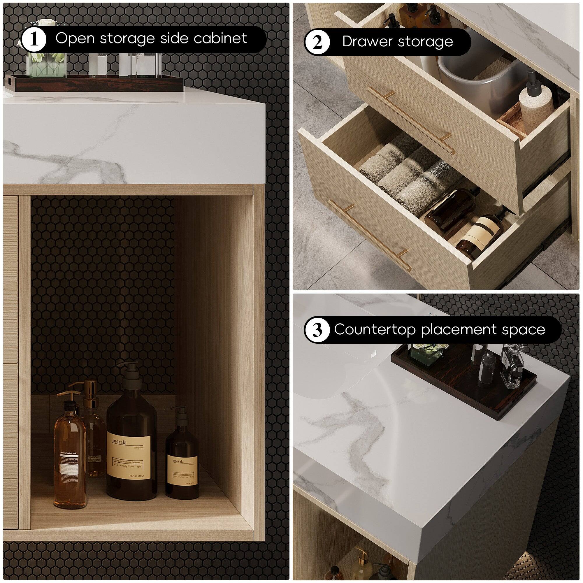 1. Open storage side cabinet  
2. Drawer storage  
3. Countertop placement space
