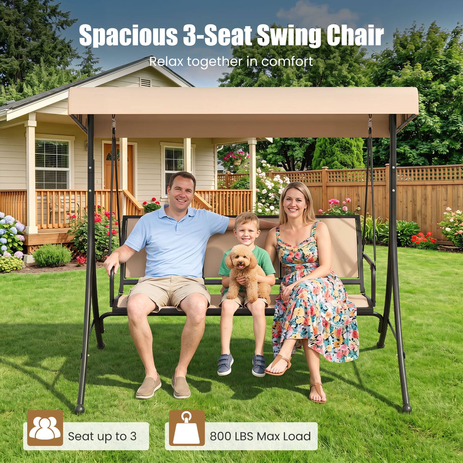 Spacious 3-Seat Swing Chair  
Relax together in comfort  

Seat up to 3  
800 LBS Max Load