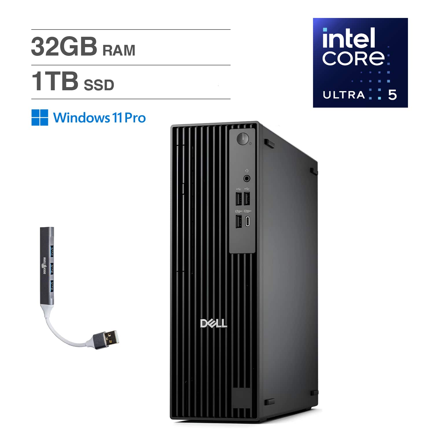 Dell - Pro Slim QCS1250 Mini Desktop (Ultra 5-235, 32GB, 1TB SSD, Intel Graphics, Win 11 Pro) w/USB Hub - Black