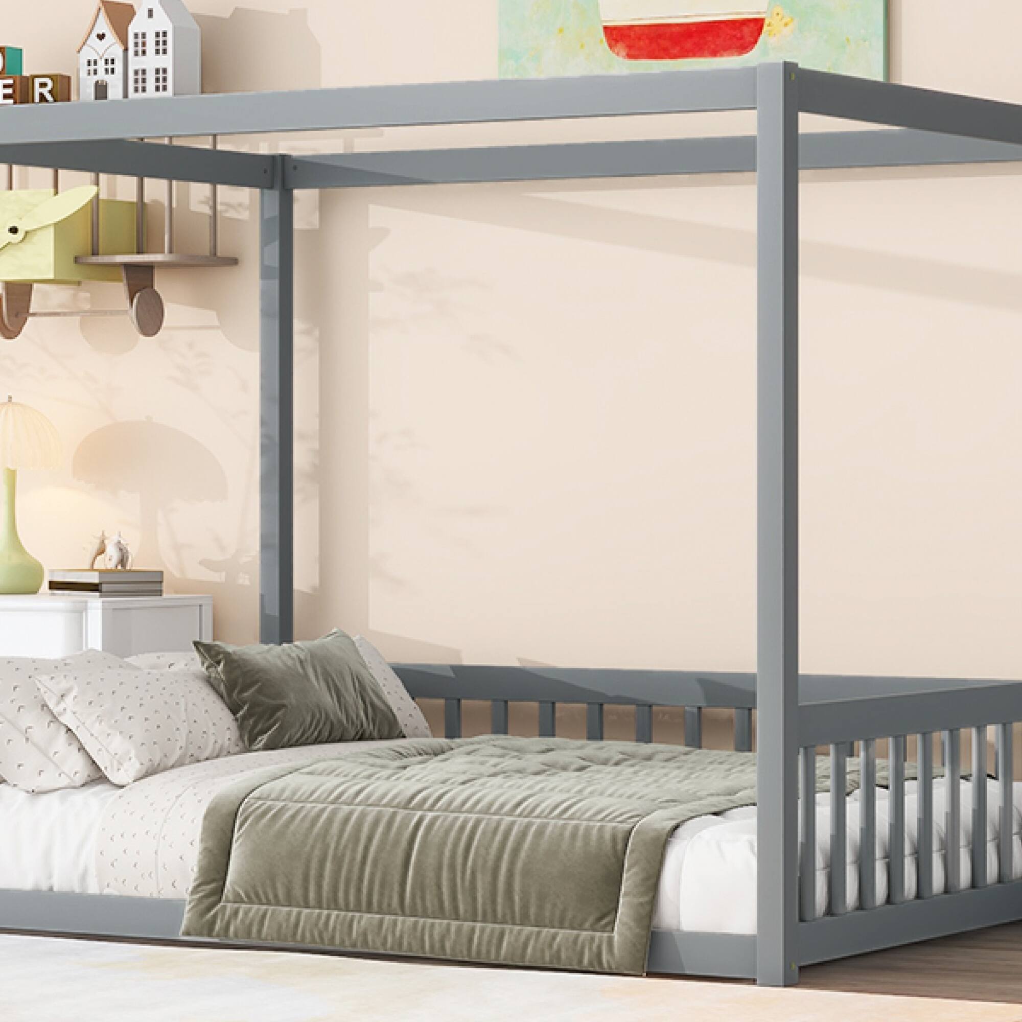 Alt View 7. GOODSILO - Full Size Canopy Frame Floor Bed with Safety Guardrails - Grey.