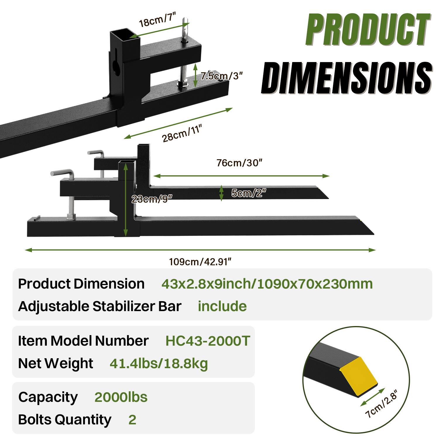 18cm/7"  
PRODUCT DIMENSIONS  
28cm/11"  
76cm/30"  
23cm/9"  
5cm/2"  
109cm/42.91"  

Product Dimension: 43x2.8x9inch/1090x70x230mm  
Adjustable Stabilizer Bar include  

Item Model Number: HC43-2000T  
Net Weight: 41.4lbs/18.8kg  
Capacity: 2000lbs  
Bolts Quantity: 2  

7cm/2.8"