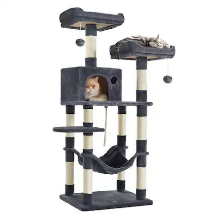 Front. Songmics Home - Cat Tree, 56.3-Inch Cat Tower for Indoor Cats, Multi-Level Cat Condo with 11 Scratching Posts, 2 Perches, Cave, Hammock - Smoky Gray.