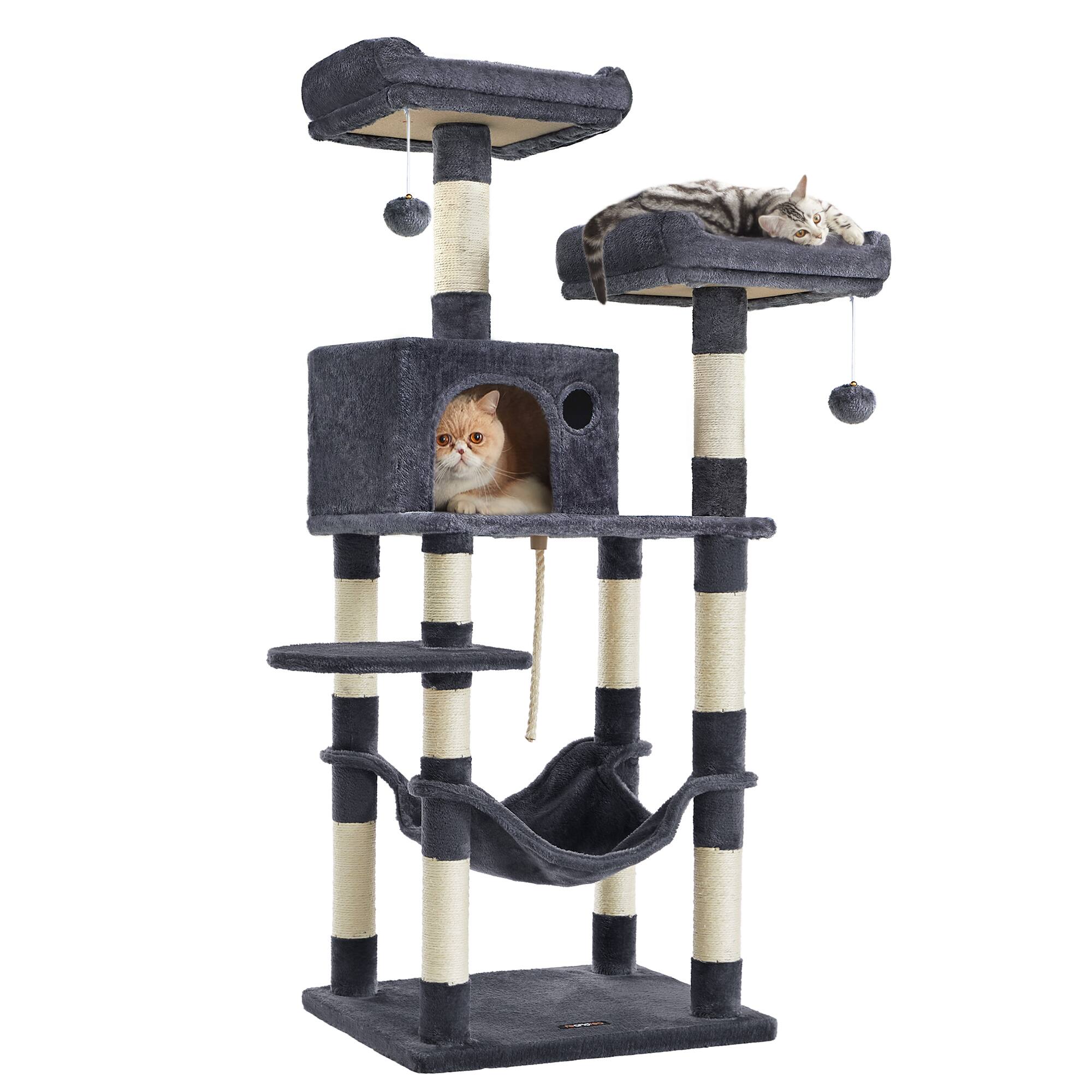 Front. Songmics Home - Cat Tree, 56.3-Inch Cat Tower for Indoor Cats, Multi-Level Cat Condo with 11 Scratching Posts, 2 Perches, Cave, Hammock - Smoky Gray.