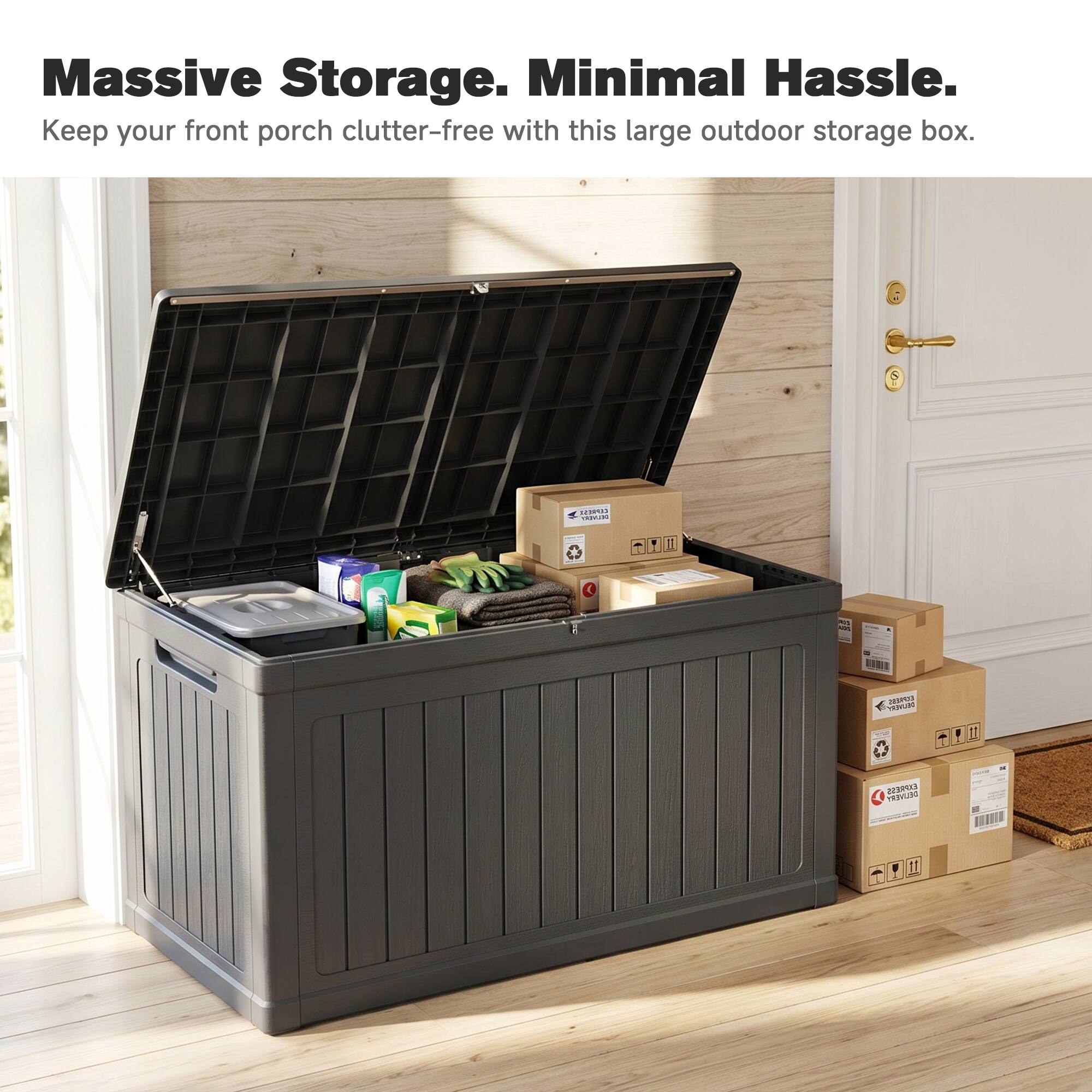 Massive Storage. Minimal Hassle.  
Keep your front porch clutter-free with this large outdoor storage box.