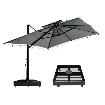 Front. Mondawe - 10x13ft Cantilever Patio Umbrella with DIY Drape Hook and Base - Gray.