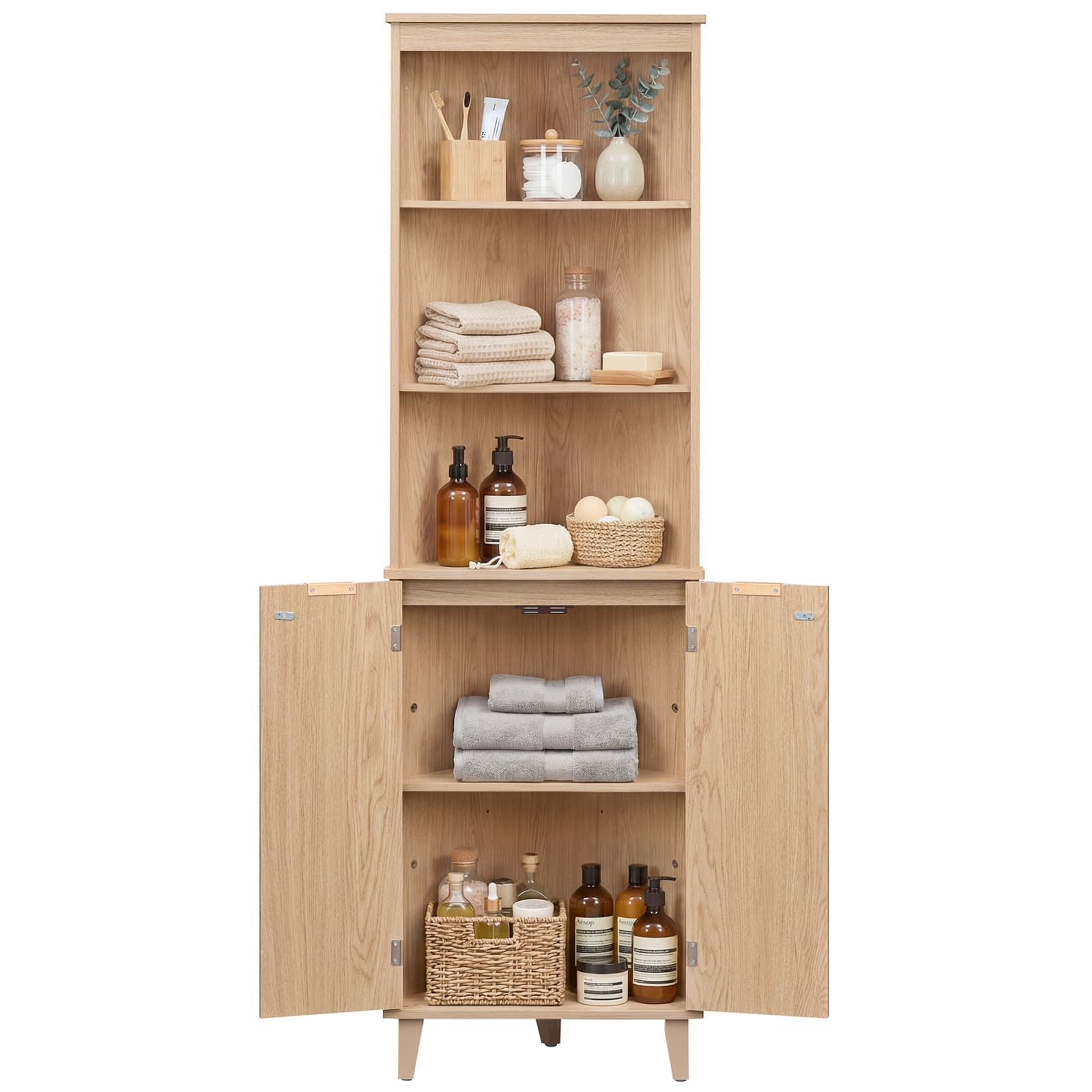 Costway - 68" Tall Corner Cabinet with Fluted Doors, 6-Tier Space Saver Display Shelves Bathroom Storage Cabinet - Oak