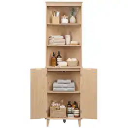 Costway - 68" Tall Corner Cabinet with Fluted Doors, 6-Tier Space Saver Display Shelves Bathroom Storage Cabinet - Oak