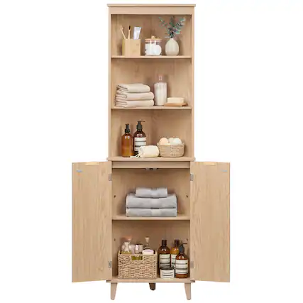 Front. Costway - Costway 68" Tall Corner Cabinet with Fluted Doors, 6-Tier Space Saver Display Shelves Bathroom Storage Cabinet - Oak.