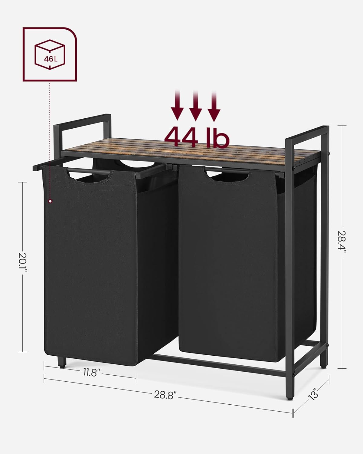 46L 44 lb 20.1" 28.4" 11.8" 28.8" 13"