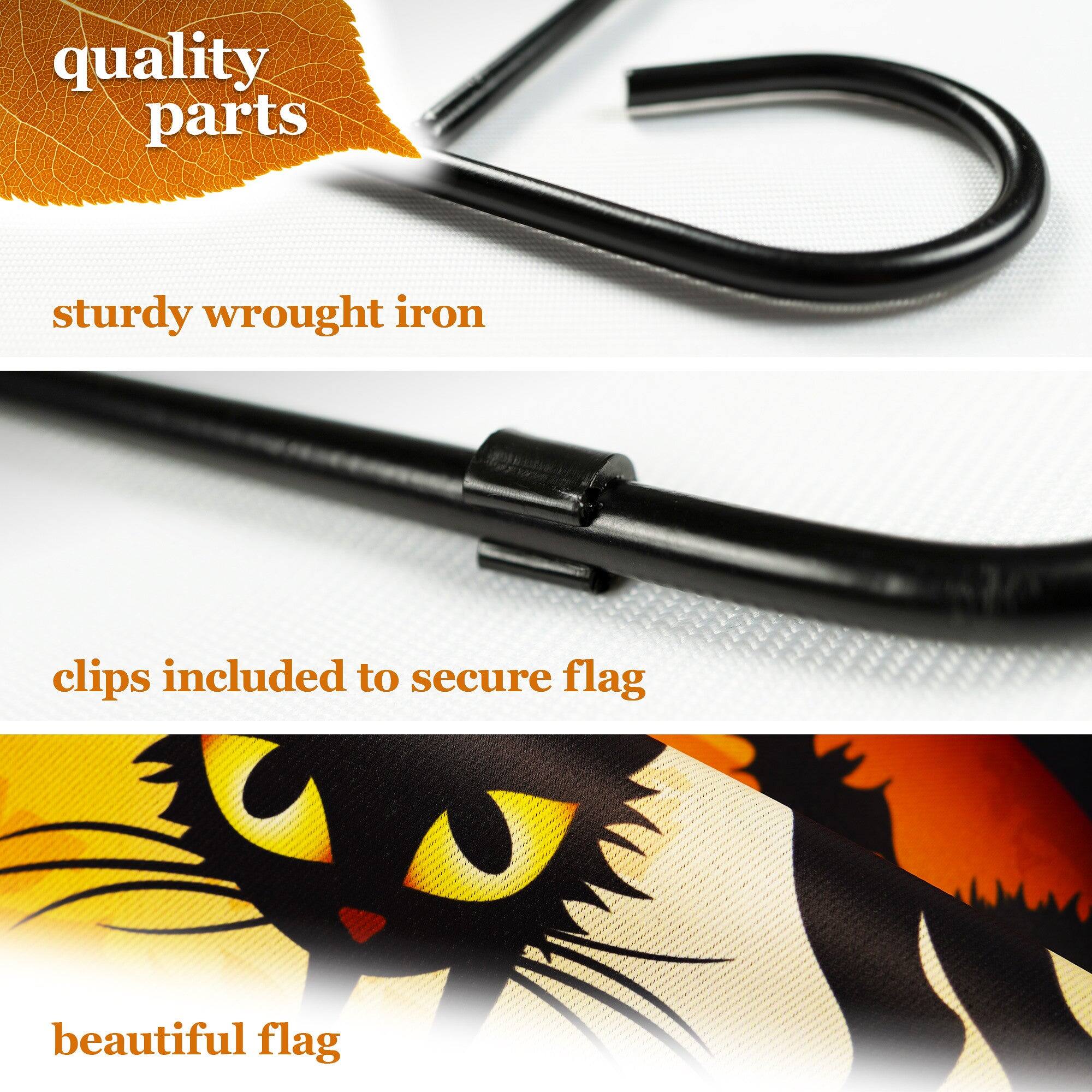 quality parts  
sturdy wrought iron  
clips included to secure flag  
beautiful flag