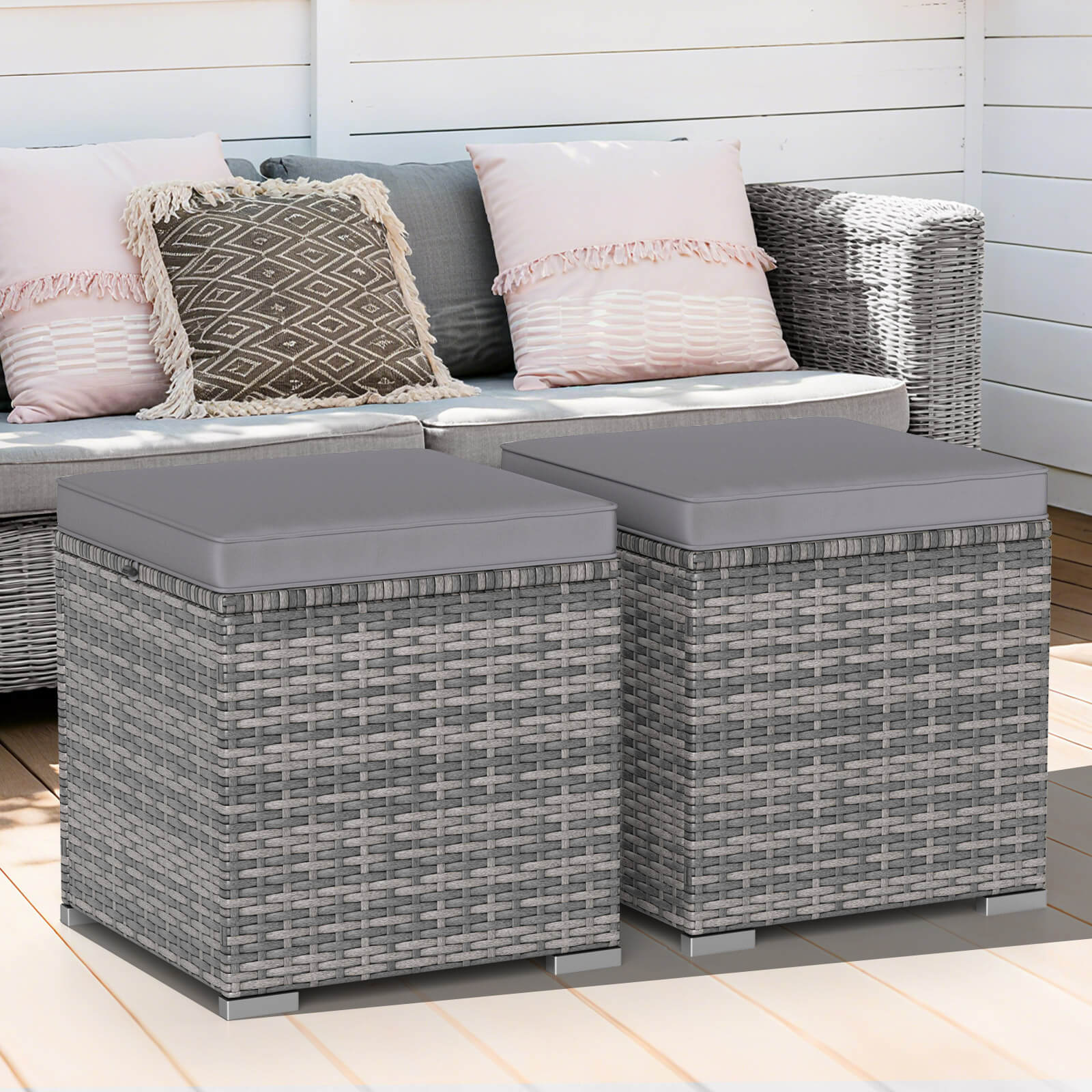 Alt View 4. Costway - Costway 2PCS Patio Rattan Ottomans Seat Side Table Storage Box Footstool with Cushion - Gray+Gray.
