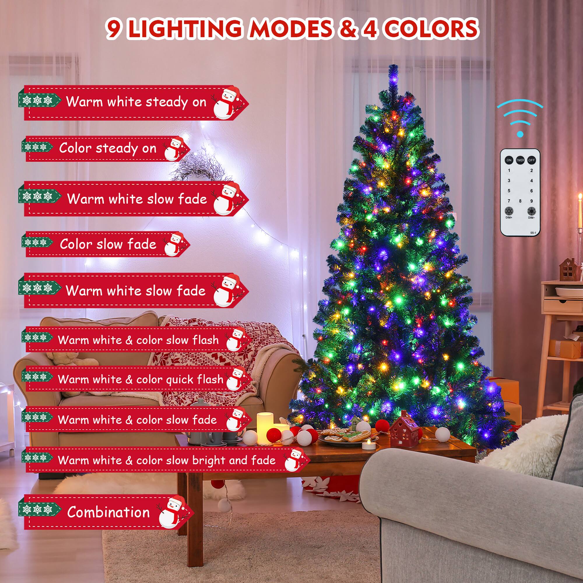 9 LIGHTING MODES & 4 COLORS
Warm white steady on
Color steady on
Warm white slow fade
Color slow fade
Warm white & color slow fade
Warm white & color quick flash
Warm white & color slow bright and fade
Combination