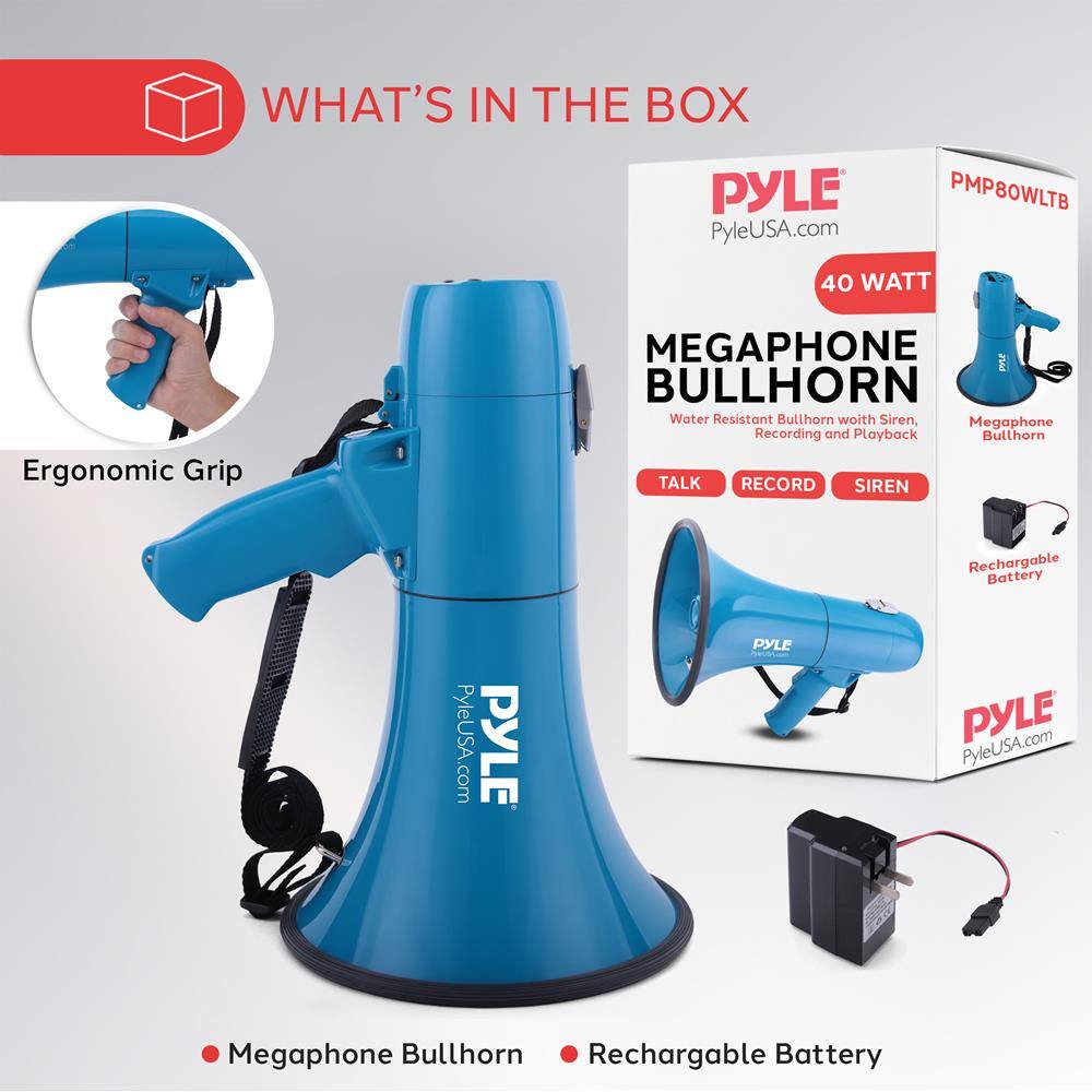 **WHAT'S IN THE BOX**

- **Megaphone Bullhorn**
- **Rechargeable Battery**

**PYLE**  
PyleUSA.com

**40 WATT**  
**MEGAPHONE BULLHORN**  
Water Resistant Bullhorn with Siren, Recording and Playback

- TALK
- RECORD
- SIREN

**PMP8OWLTB**

**Rechargeable Battery**