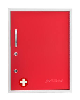 Front. Viva Comfort - Medicine Cabinet, Surface Mount Locking Bathroom Security Cabinet with Shelf and Pocket - Red.