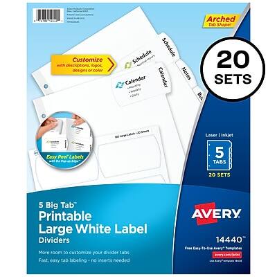 **Avery 14440**

**5 Big Tab Printable Large White Label Dividers**

- **Arched Tab Shape**
- **20 Sets**
- **5 Tabs per Set**

**Features:**
- Customize with descriptions, logos, designs, or color
- Easy Peel Labels
- Fast, easy tab labeling - no inserts needed
- More room to customize your divider tabs

**Specifications:**
- **Laser or Inkjet** compatible
- **Easy-to-Use Avery Templates** available for free

**Tabs:**
- Schedule
- Calendar
- Notes
- Budget
- Bills

**Additional Information:**
- **Customize with descriptions, logos, designs, or color**
- **Easy Peel Labels**
- **Fast, easy tab labeling - no inserts needed**

**Free Easy-to-Use Avery Templates:**
- Visit [avery.com/templates](http://avery.com/templates)