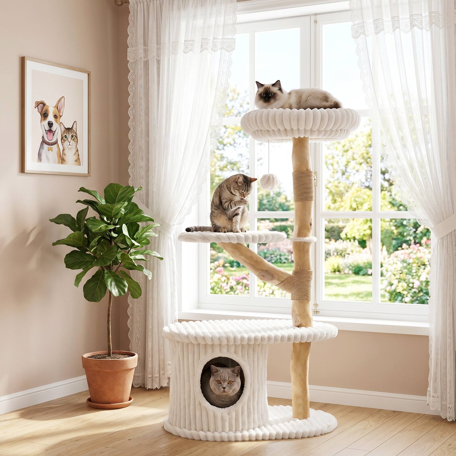 Alt View 1. Gymax - Gymax 41 Inch Tall Modern Cat Tower w/Real Wood Branches Scratching Posts Cozy Bed Beige - Beige.