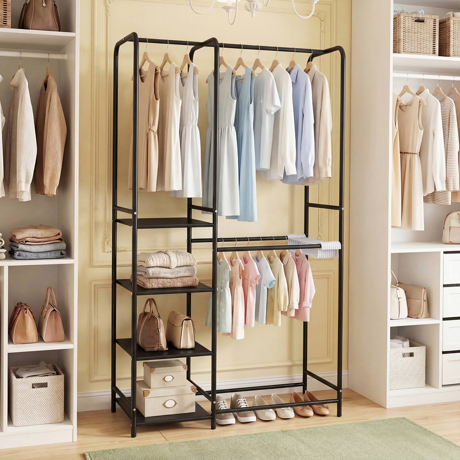 Alt View 4. Gymax - Gymax Portable Closet w/Pants Hangers 2 Hanging Rods 4 Storage Shelves for Bedroom Black - Black.