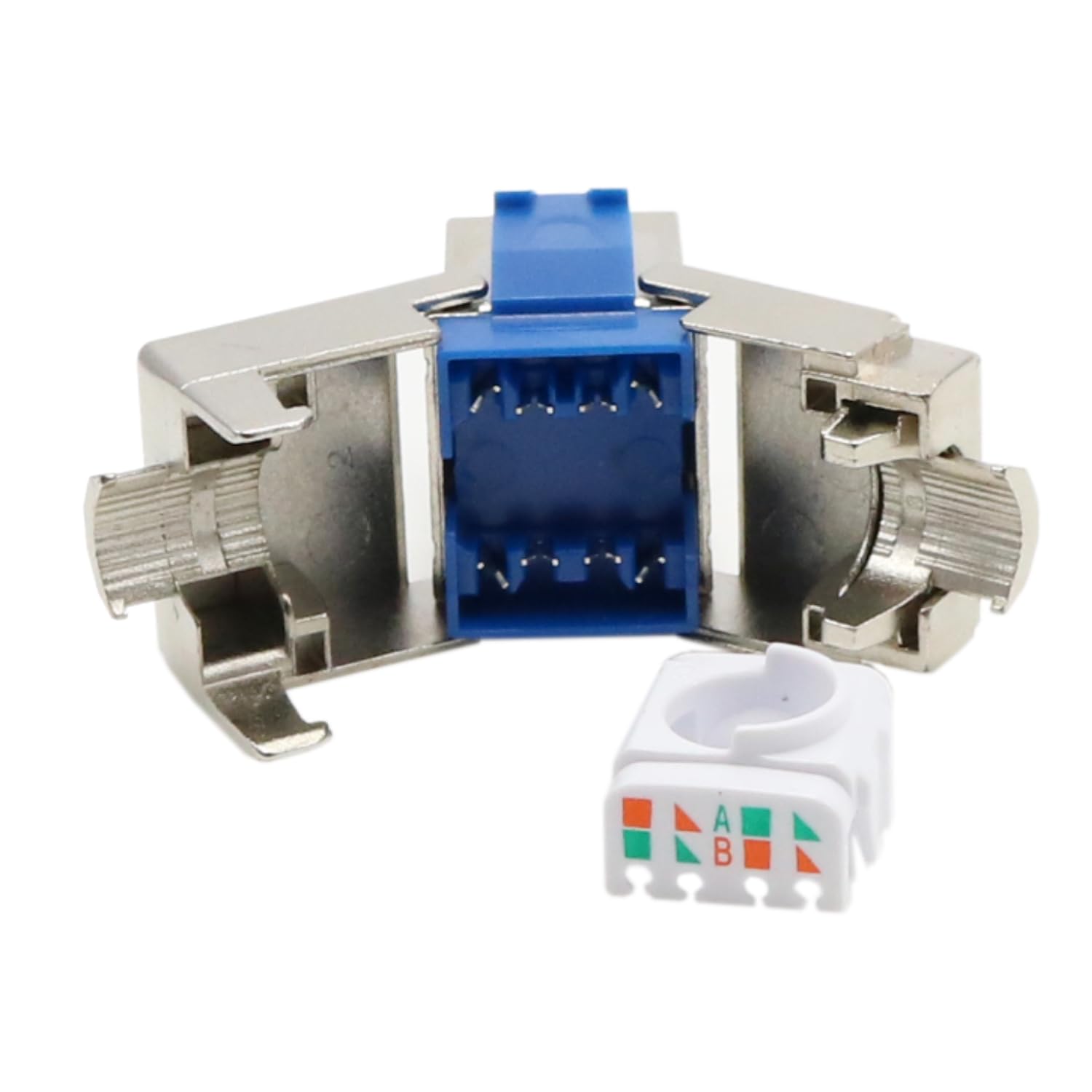 Left. Cables Direct Online - Cat8 RJ45 Keystone Jack Tool-Free, FTP Shielded, 40Gbps, 180° Hinged Design, Gold-Plated Contacts - Silver.