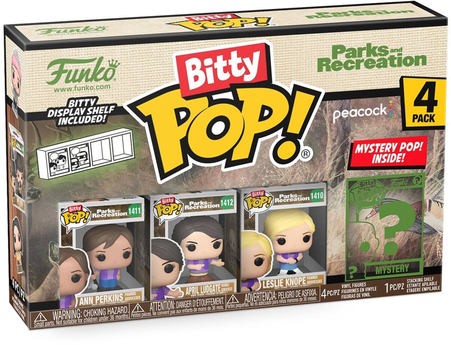 Sure, here is the corrected and grouped text from the image:

---

**Funko**  
www.funko.com

**Bitty POP!**  
Parks and Recreation  
peacock  
4 PACK  
MYSTERY POP! INSIDE!

**DISPLAY SHELF INCLUDED!**

**Bitty POP!**  
Parks and Recreation  
1410  
APRIL LUDGATE  
PAWNEE GODDESS  
4 PC/PZ  
VINYL FIGURES EN VINYLE  
FIGURAS DE VINIL  
1 PC/PZ  
STACKING SHELF  
ETAGÈRE EMPILABLE

**Bitty POP!**  
Parks and Recreation  
1411  
ANN PERKINS  
PAWNEE GODDESS  
4 PC/PZ  
VINYL FIGURES EN VINYLE  
FIGURAS DE VINIL  
1 PC/PZ  
STACKING SHELF  
ETAGÈRE EMPILABLE

**Bitty POP!**  
Parks and Recreation  
1412  
LESLIE KNOPE  
PAWNEE GODDESS  
4 PC/PZ  
VINYL FIGURES EN VINYLE  
FIGURAS DE VINIL  
1 PC/PZ  
STACK