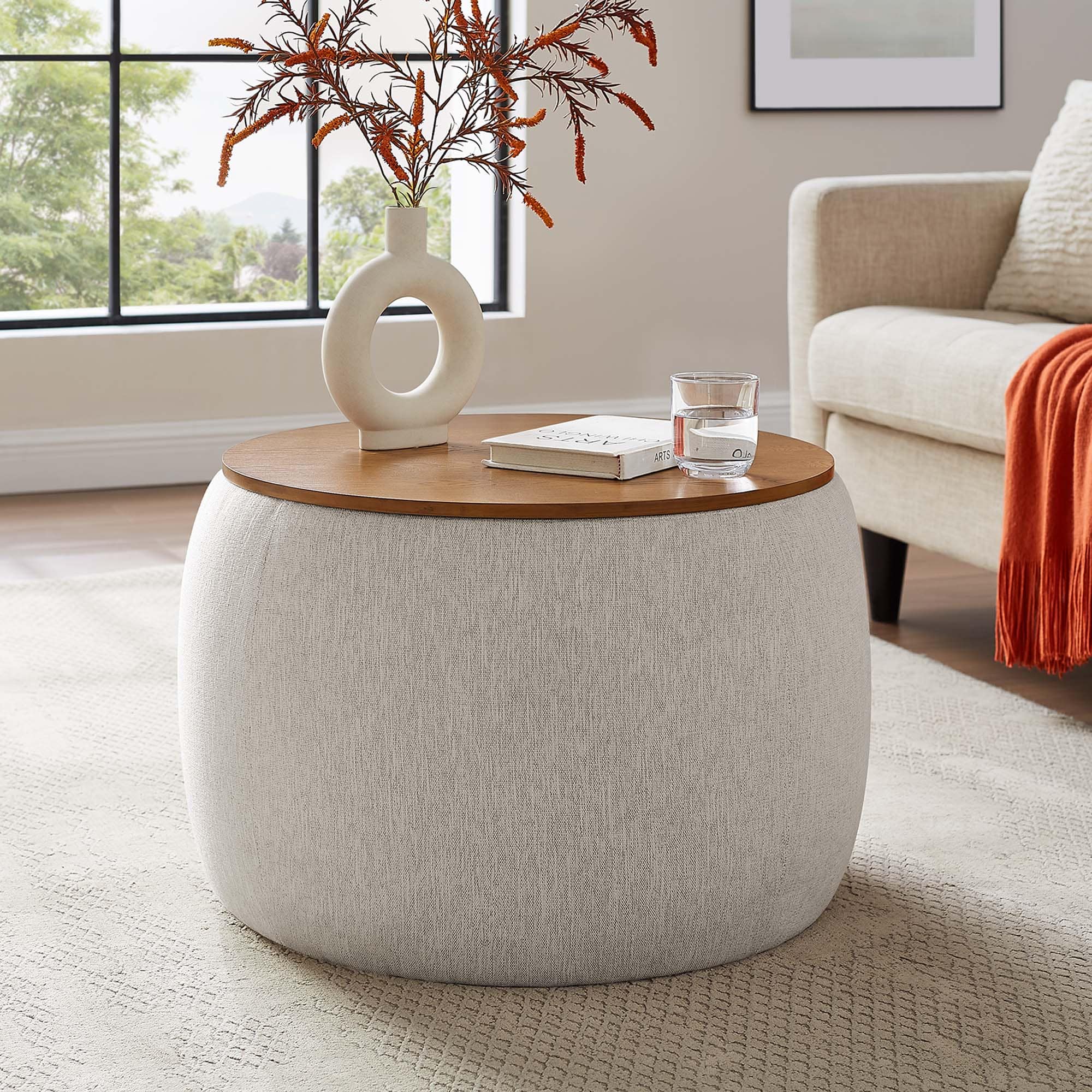 Front. Modway - Perla Woven Heathered Fabric Upholstered Storage Ottoman by Modway - Heathered Weave Ivory.