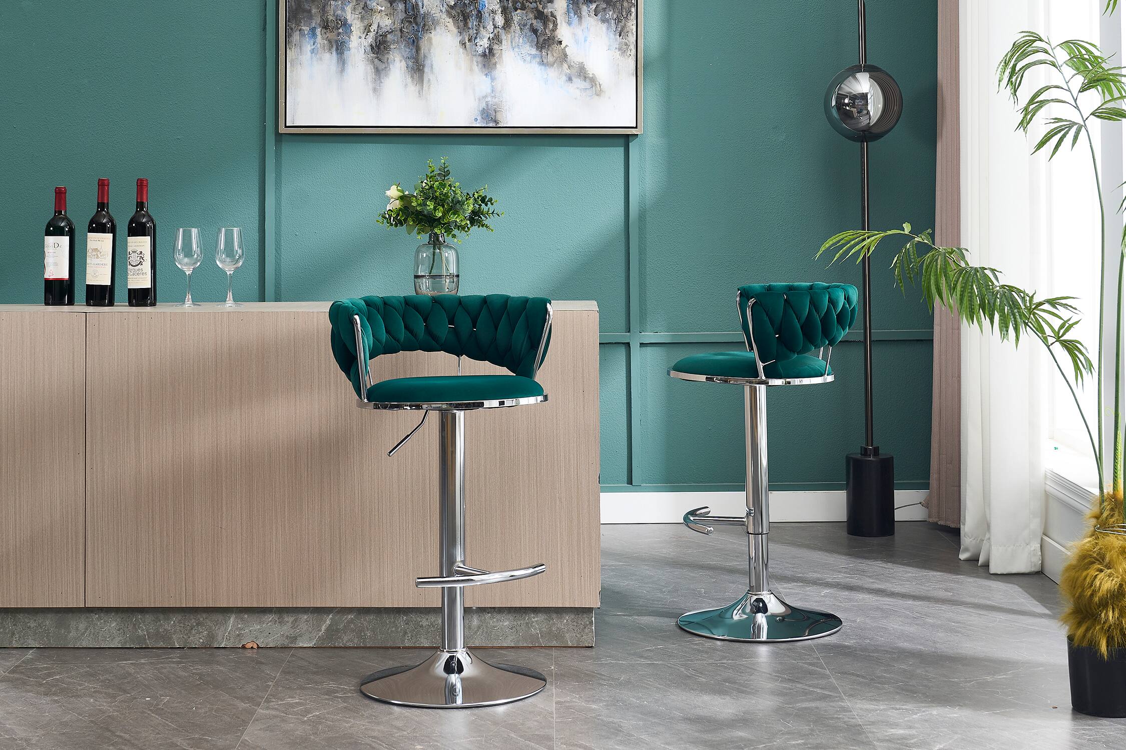 Alt View 6. SlickBlue - Modern Adjustable Bar Stools – Set of 2 Velvet Swivel Chairs with Chrome Legs - Green.