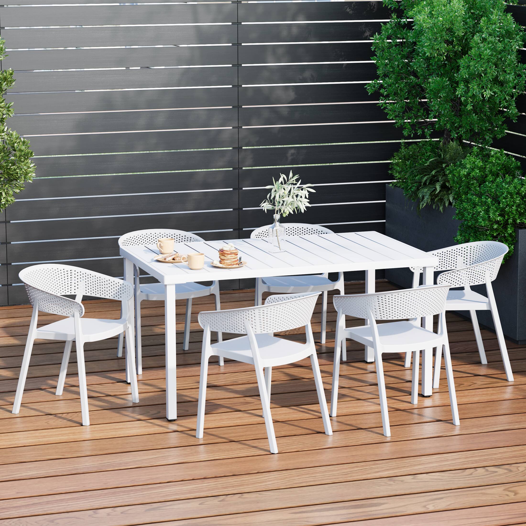 Angle. WestinTrends - WestinTrends Playa 7-Piece Outdoor Metal Rectangle Patio Dining Table Set With Stackable Patio Dining Chairs - White.