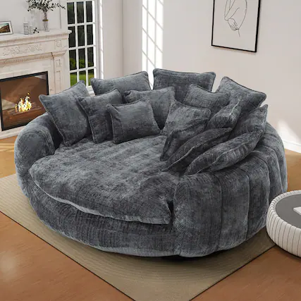 Front. Anysun - Double Oversized Round Sofa with Armrests, Chenille Fabric Padded High Back, for Living Room or Bedroom - Dark Grey.