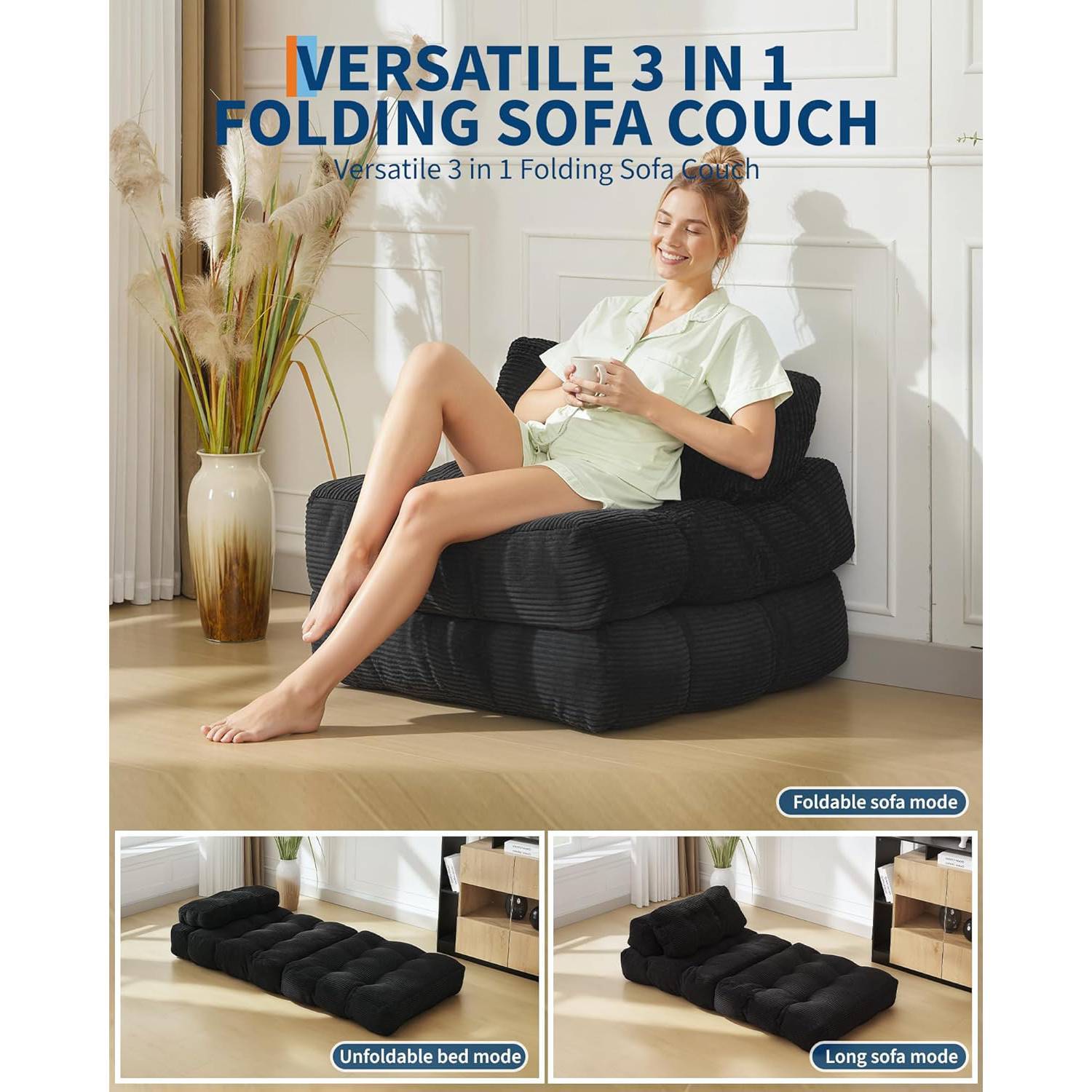 VERSATILE 3 IN 1 FOLDING SOFA COUCH  
Versatile 3 in 1 Folding Sofa Couch  

Foldable sofa mode  
Unfoldable bed mode  
Long sofa mode