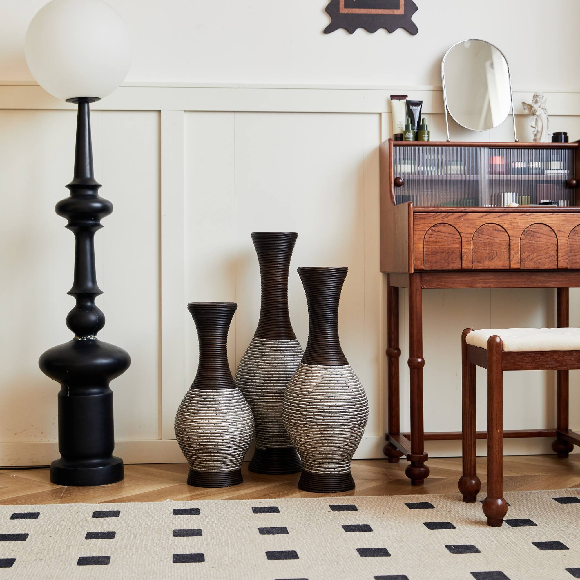 Alt View 2. Boyel Living - Set of 3 Tall PVC Floor Vases with Woven Rattan Pattern - Brown white.