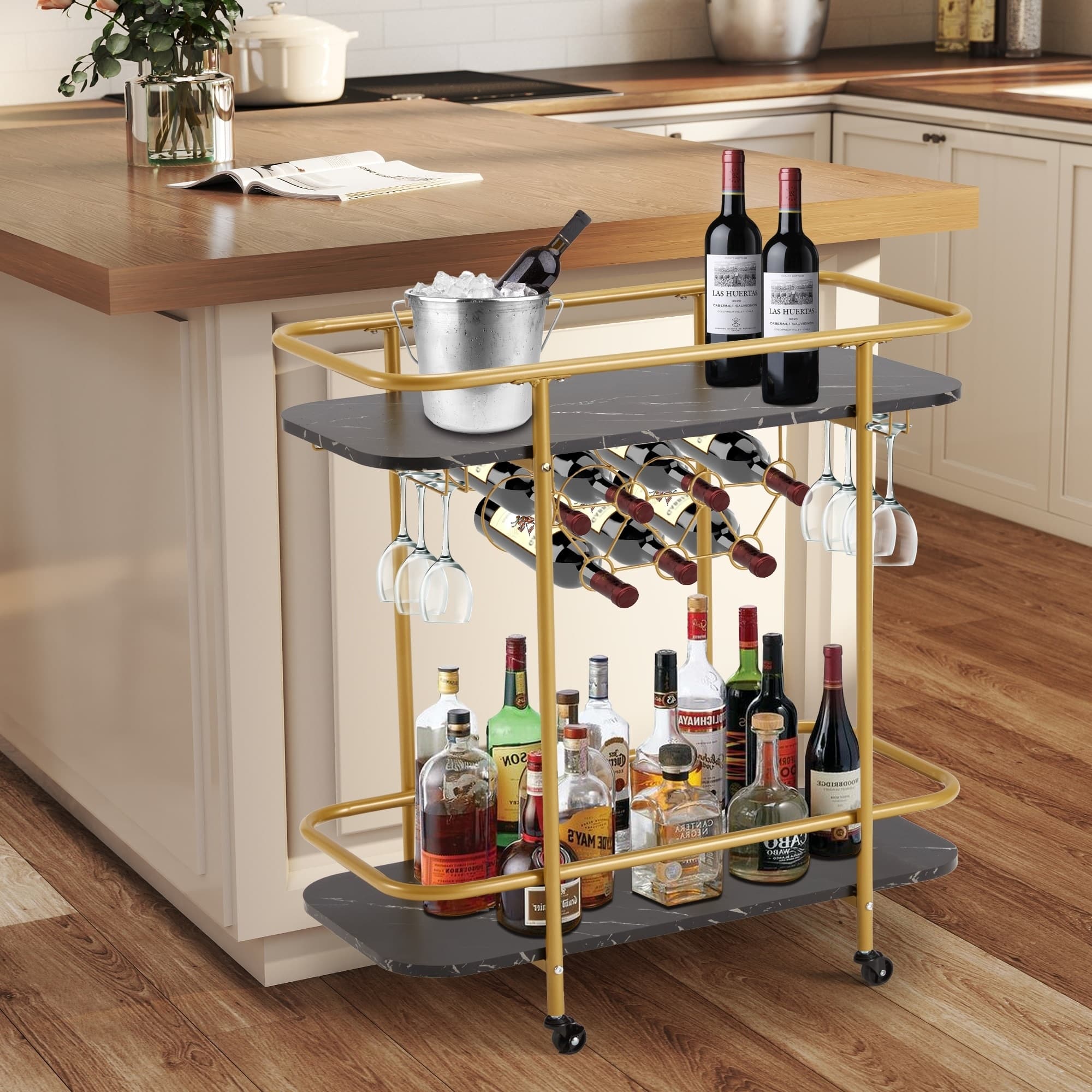 U-HOMY - Bar Cart with Black Marble Base, Rolling Liquor Cart with Wine Rack & Glass Holder, 27.6" Wide - Gold