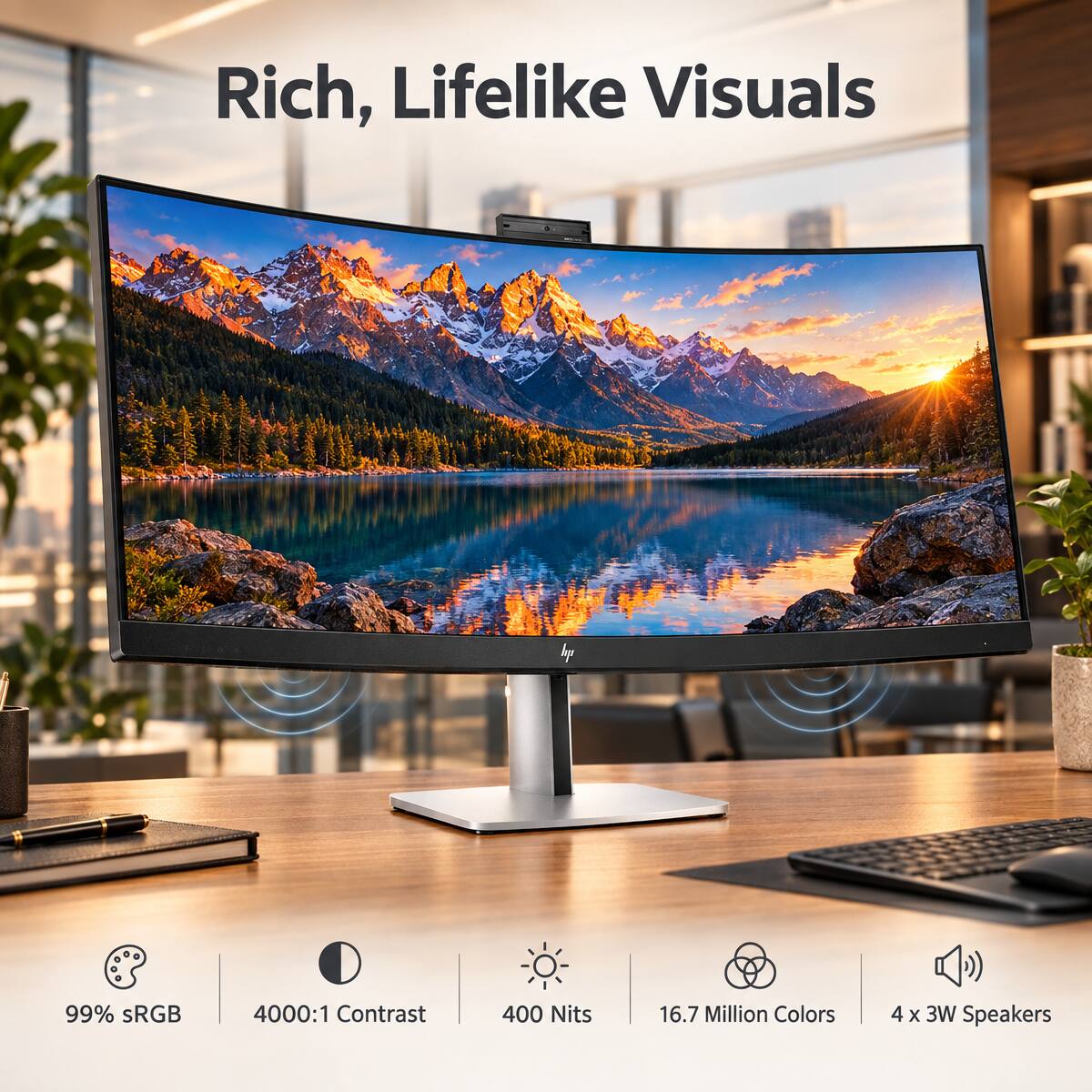 Rich, Lifelike Visuals

99% sRGB  
4000:1 Contrast  
400 Nits  
16.7 Million Colors  
4 x 3W Speakers