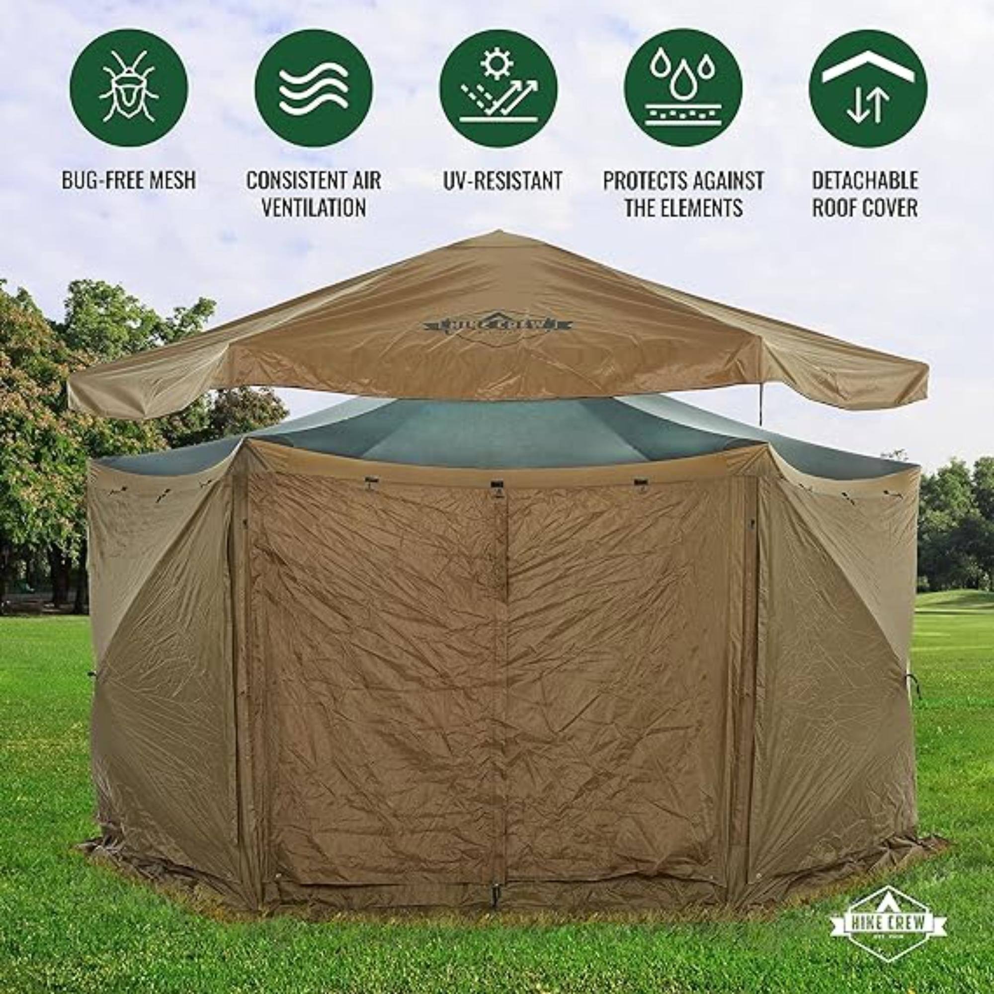 BUG-FREE MESH, CONSISTENT AIR VENTILATION, UV-RESISTANT, PROTECTS AGAINST THE ELEMENTS, DETACHABLE ROOF COVER, HIKE CREW