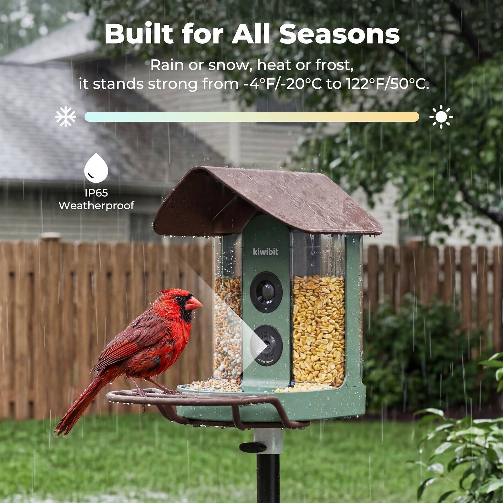 Built for All Seasons

Rain or snow, heat or frost, it stands strong from -4°F/-20°C to 122°F/50°C.

IP65 Weatherproof