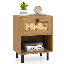 Costway - Rattan Nightstand Boho End Table with Drawer & Open Shelf for Living Room - Natural
