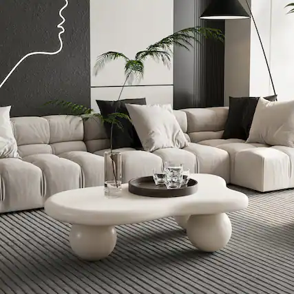 Front. Loheer - Loheer Cloud Shaped Coffee Table Cream White Modern Living Room Table with Ball Legs 40 Inch - Cream White.