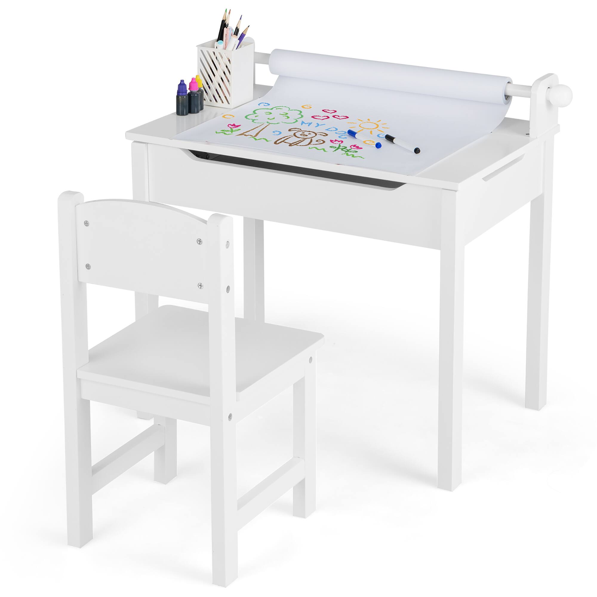 Costway - Toddler Craft Table & Chair Set Kids Art Crafts Table withPaper Roll Holder - White