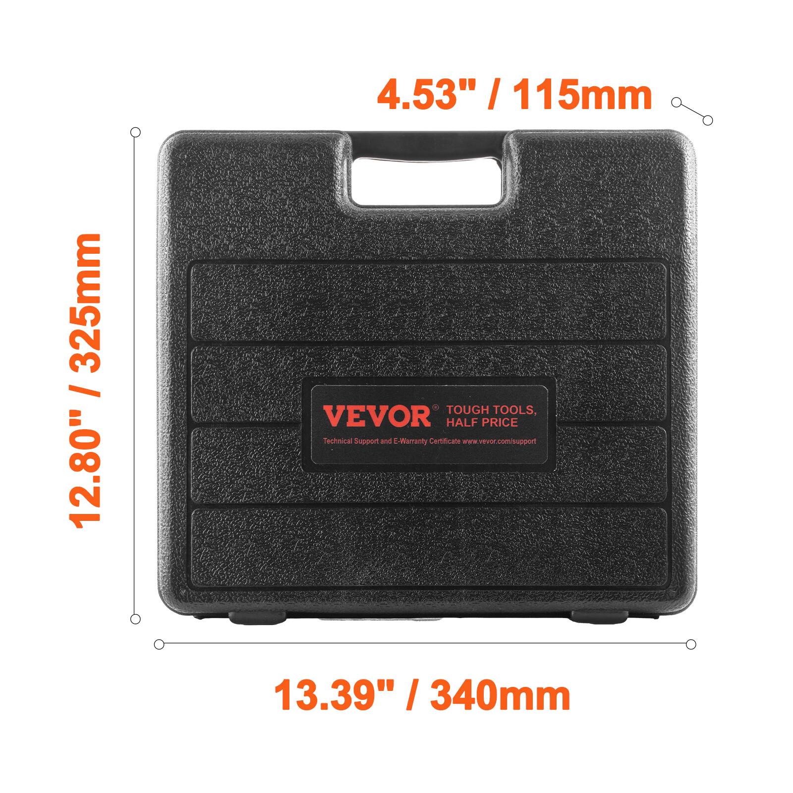 4.53" / 115mm  
12.80" / 325mm  
13.39" / 340mm  

VEVOR  
TOUGH TOOLS, HALF PRICE  
Technical Support and E-Warranty Certificate  
www.vevor.com/support