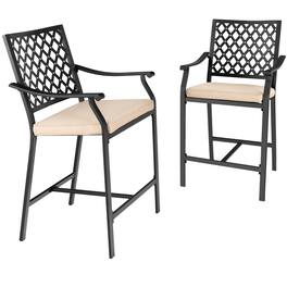 Costway - 2PCS Patio Bar Stool Counter Height Cushioned Chair Armrest Garden Deck - Black,Beige