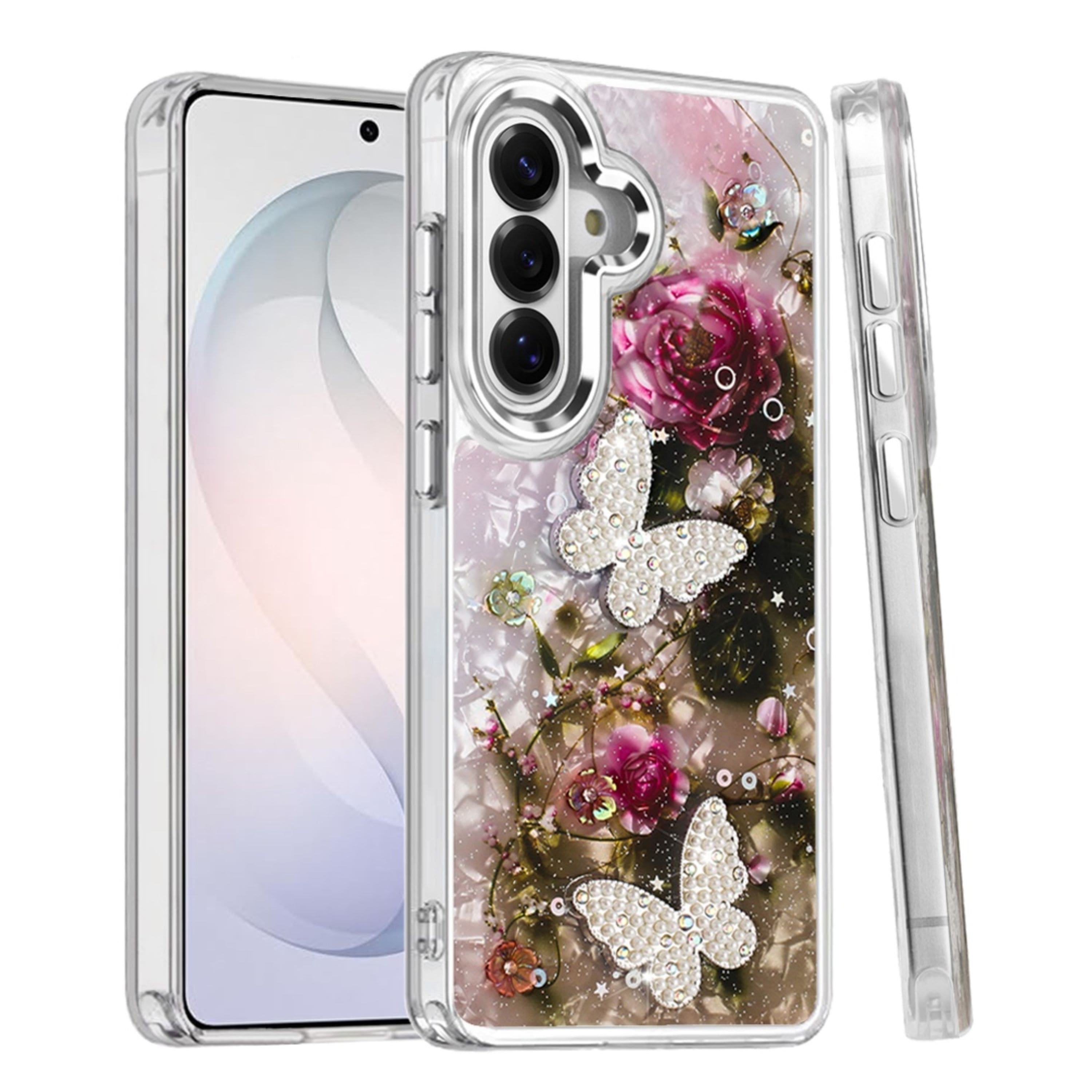 Kitcheniva - Epoxy Glitter 3D Beaded Butterflies Design Phone Case With Tempered Glass For Samsung Galaxy S26 Color C - Multicolor