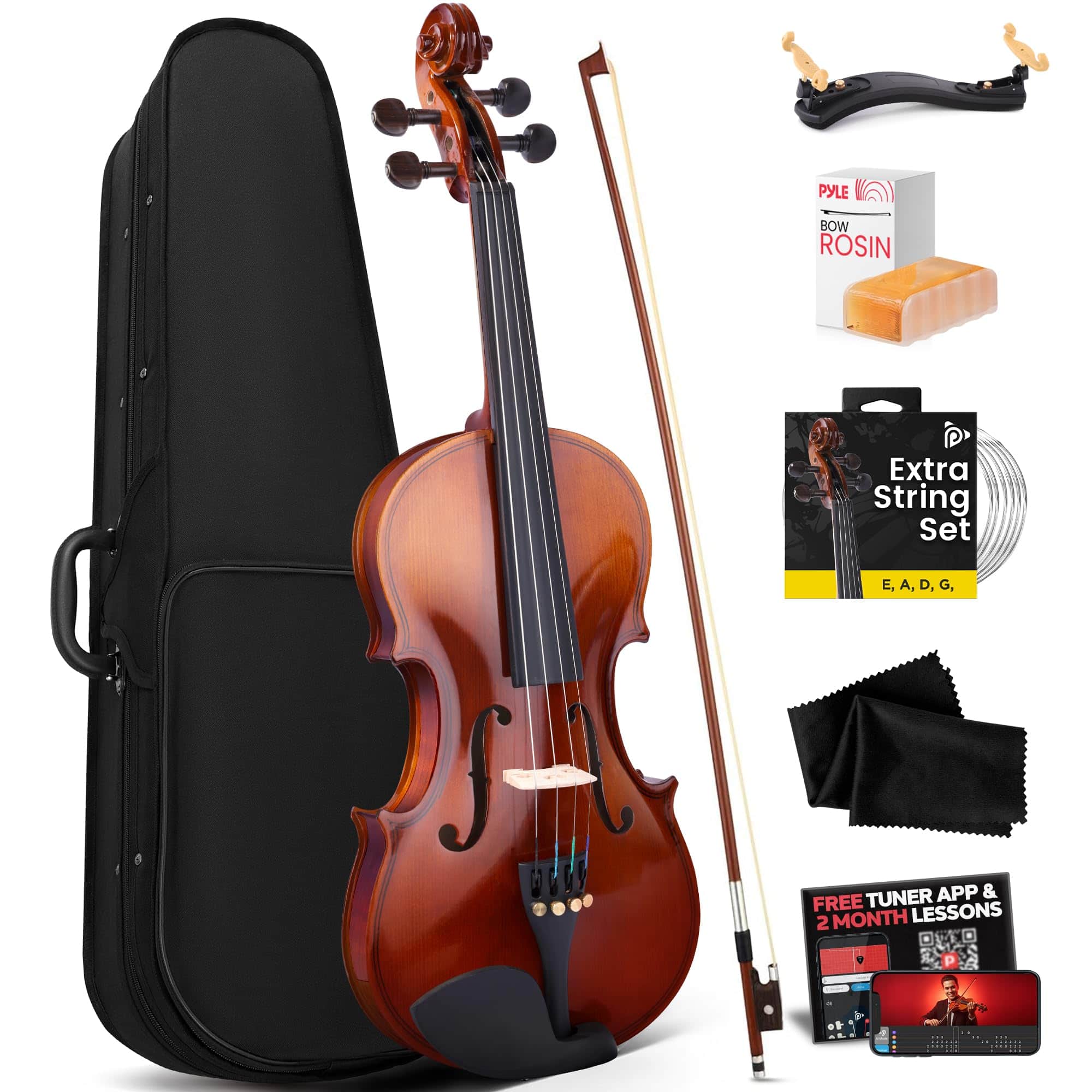 Pyle - 4/4 Full Size Acoustic Violin for Beginners, Complete Set with Hard Case, Bow, Strings, Tuner - PGVILN20