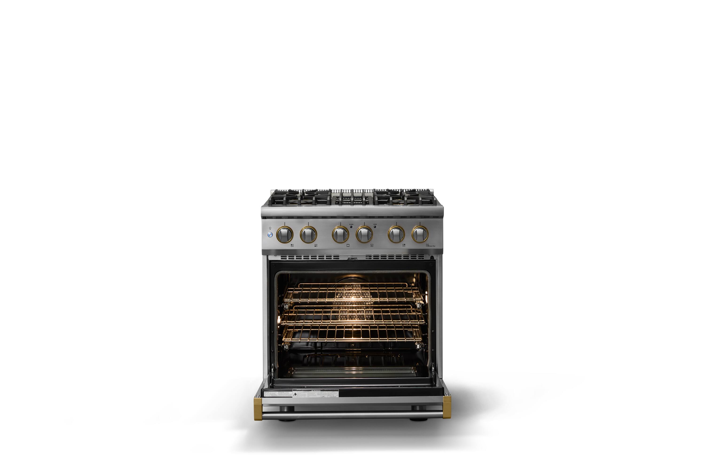 Alt View 2. Viking - 30"W. Pro5S 4.7 Cu.Ft. Freestaning Sealed 4 Burner Dual Fuel Convection Range - Stainless Steel/Brushed Brass - Stainless Steel.
