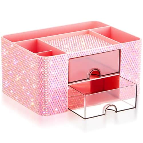 Vulpecula Spade - Pink Bling Desk Organizer with 2 Drawer, Sparkly Makeup Organizer for Vanity, Girly Desk Accessories, Rhinestone Pen