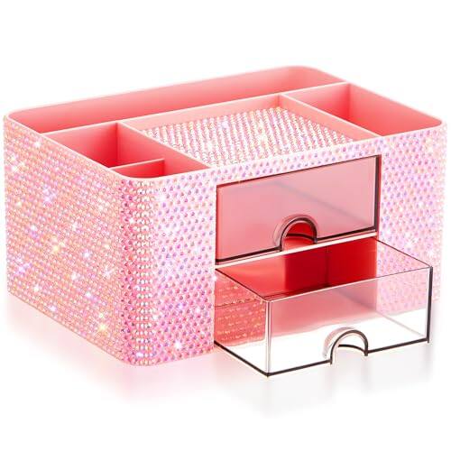 Front. Vulpecula Spade - Pink Bling Desk Organizer with 2 Drawer, Sparkly Makeup Organizer for Vanity, Girly Desk Accessories, Rhinestone Pen.