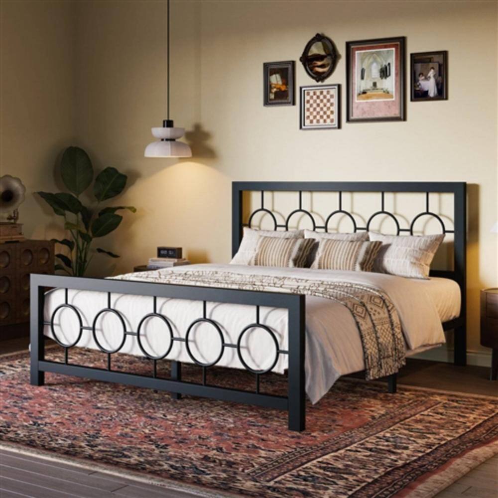 Left. Hivvago - Queen Black Metal Platform Bed Frame with Circle Medallion Headboard Footboard - Black.