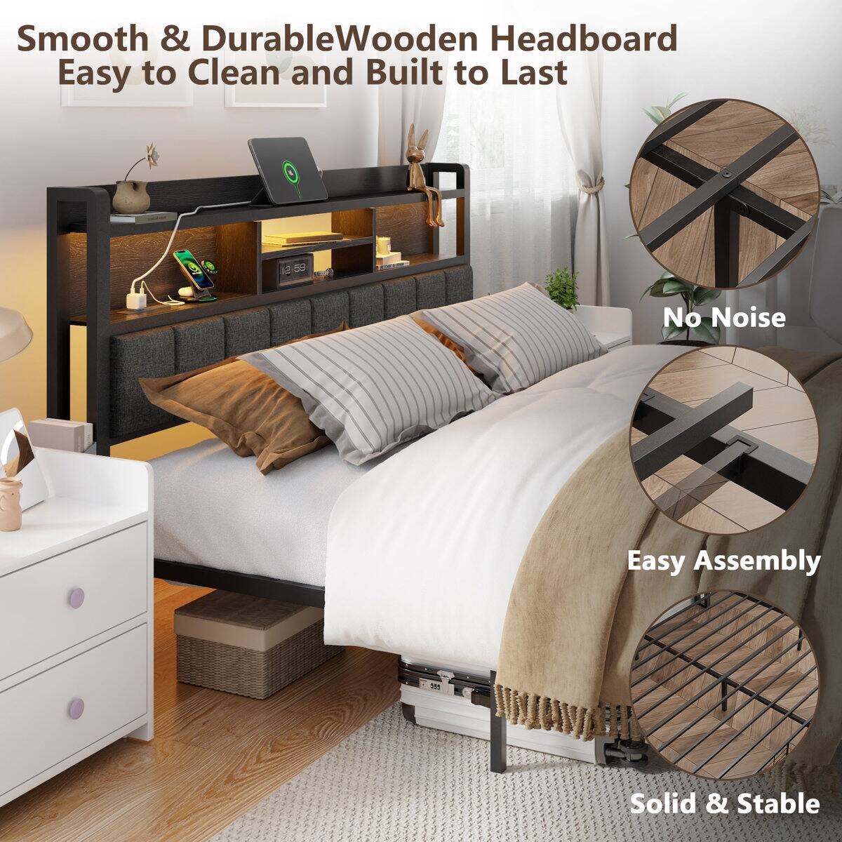 Smooth & Durable Wooden Headboard  
Easy to Clean and Built to Last  

No Noise  
Easy Assembly  
Solid & Stable
