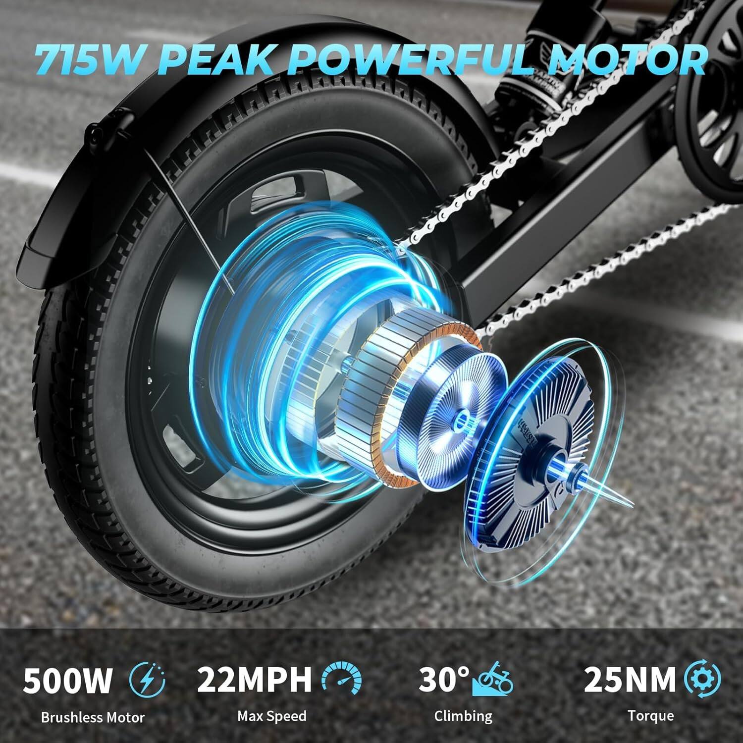 715W Peak Powerful Motor  
500W Brushless Motor  
22MPH Max Speed  
30° Climbing  
25NM Torque