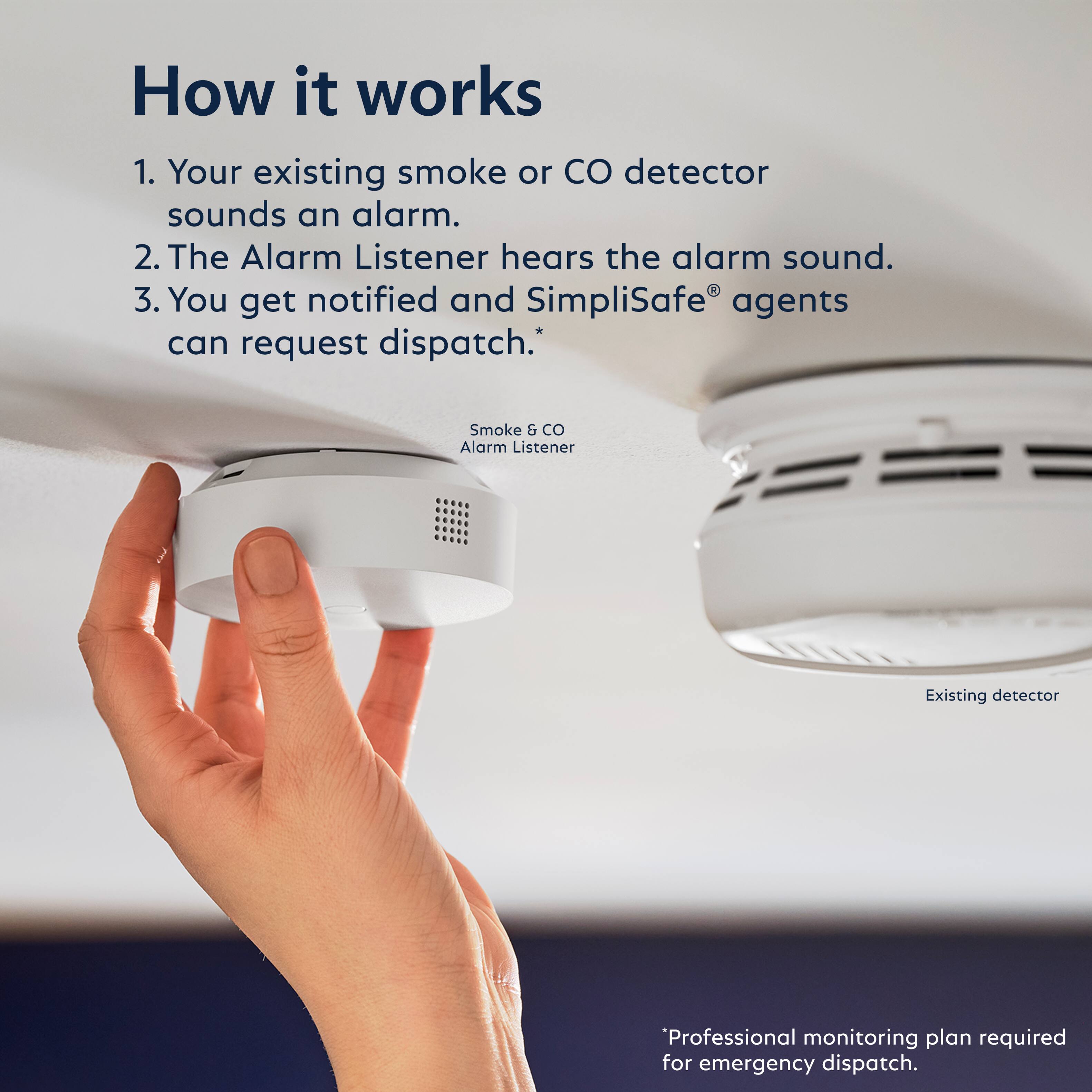How it works

1. Your existing smoke or CO detector sounds an alarm.
2. The Alarm Listener hears the alarm sound.
3. You get notified and SimpliSafe® agents can request dispatch.

*Professional monitoring plan required for emergency dispatch.

Smoke & CO Alarm Listener

Existing detector