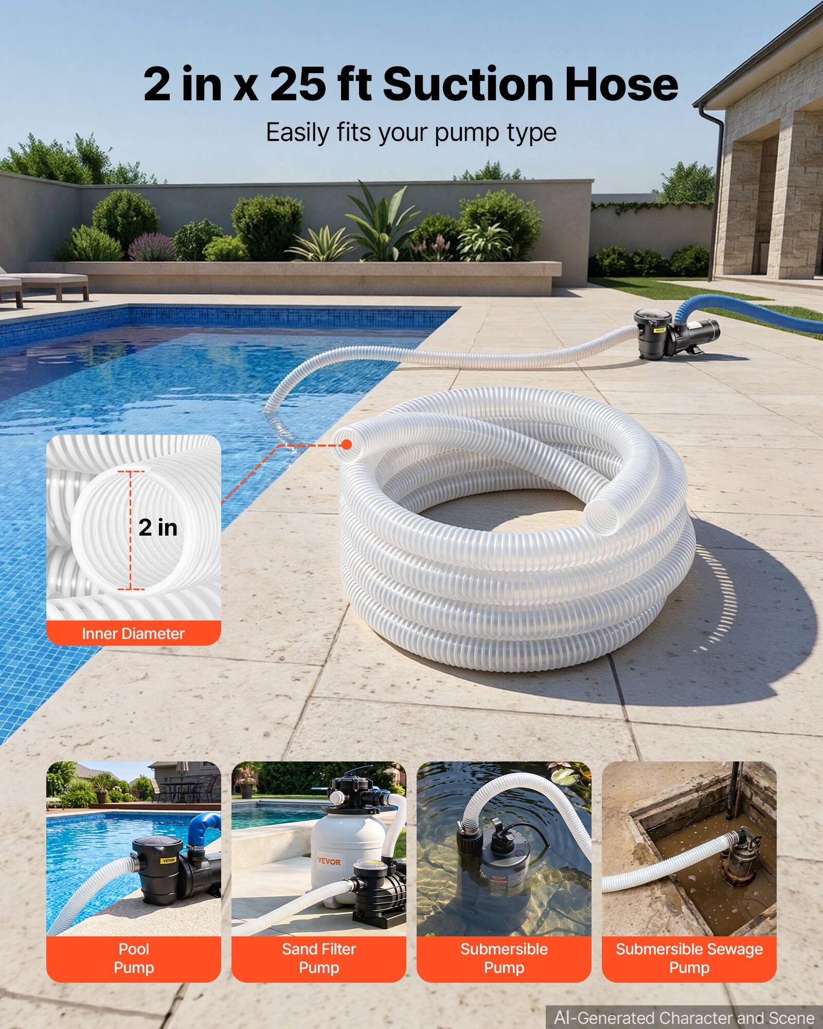 2 in x 25 ft Suction Hose  
Easily fits your pump type  

2 in  
Inner Diameter  

TOYOR  
VEVOR  

Pool Pump  
Sand Filter Pump  
Submersible Pump  
Submersible Sewage Pump  

AI-Generated Character and Scene